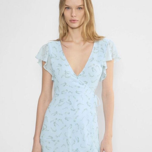 NEW Aritzia Lawn Dress - Blue & Yellow Floral Wrap Sundress Flutter Sleeves - Picture 5 of 10